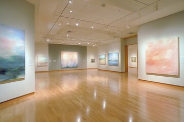 Spacious gallery in subdued lavender-gray palette, showcasing large impressionist art panels with glowing brushwork in soft peach and seafoam green under linear lighting