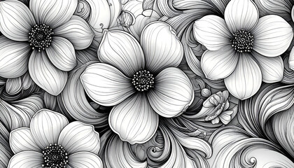 Black and white floral pattern with flowers and swirling decorative elements.