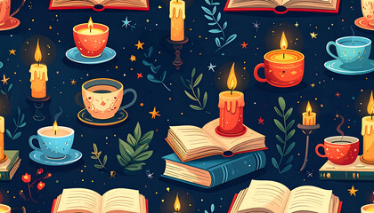 Pattern with books candles and cups on a blue background with stars.