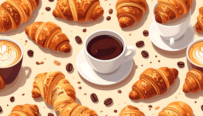 Croissants and coffee cups on a light background with scattered coffee beans.