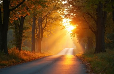 Obraz premium Autumn morning country road bathed in warm sunlight. Sun rays shine through trees creating misty haze. Golden leaves line rural path, evoking tranquil seasonal atmosphere for travel and nature themes.