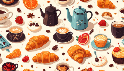 Breakfast themed pattern with coffee croissants fruit and teapots on white background.