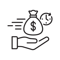 Fast payment line icon. Time is money concept with hand, clock, and dollar bag. Vector symbol for quick loan, fast cash transfer, and financial services