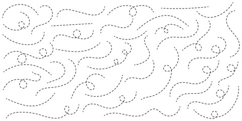 Hand-drawn dotted line element set. curved and twisted dashed paths. Wavy Dashed Curvy Line, Loopy Squiggle Path, Decorative Wave Border, Dotted Line Divider, Seamless Vector Illustration. 