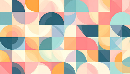 Abstract geometric pattern with circles and squares in pastel colors.
