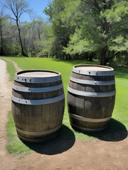 Obraz premium 2 weathered wooden barrels at a hitching post