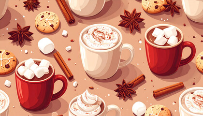 Hot chocolate mugs cookies star anise cinnamon sticks on a beige background.