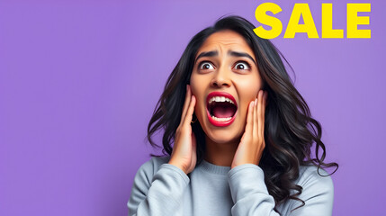 Huge Sale Or Promo Concept. Amazed indian woman screaming and touching her face in disbelief, looking at free copy space on purple studio background. Astonished young lady with open mouth