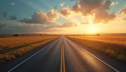 Naklejka premium Empty countryside highway at golden hour. Straight asphalt road cuts through golden fields under a dramatic sky with sun rays and clouds. Offers sense of journey and vast landscape.