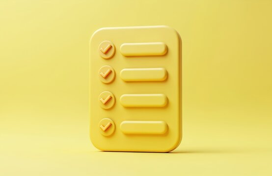 Minimalist 3D illustration of yellow checklist icon on yellow background. Features task list, survey, poll concept with checkmarks. Clean, simple design perfect for business, office, web use.