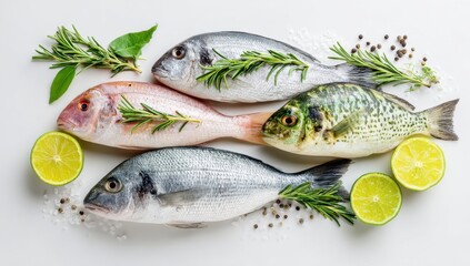 Fresh fish, rosemary, and limes arranged on a white surface