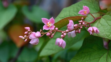 Obraz premium Double-helix sweet potato vine blooming with unexpected floral hybrids, symbolizing genetic wonder.