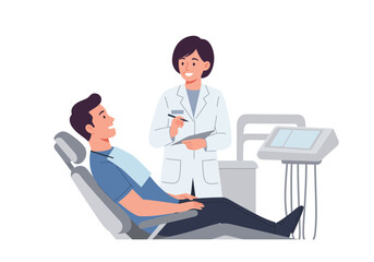 Friendly dentist consulting with happy patient in modern dental office chair, discussing treatment plan