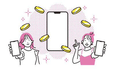 スマホの画面を見せる若い女性たちとスマホとコインイメージ