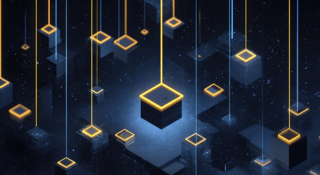 Dark futuristic cityscape of floating cubes, lit by glowing lines