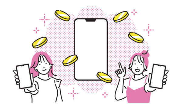 スマホの画面を見せる若い女性たちとスマホとコインイメージ
