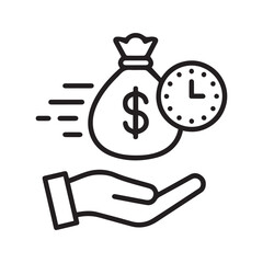 Fast payment line icon. Time is money concept with hand, clock, and dollar bag. Vector symbol for quick loan, fast cash transfer, and financial services