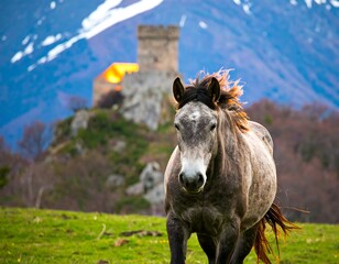 Fototapeta premium Horse in a meadow with a castle in the background