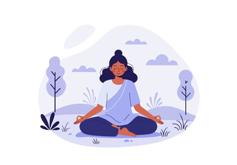 Serene woman finds inner peace meditating outdoors, embracing mindfulness and calm in a tranquil natural setting for wellness.
