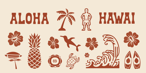 Retro aloha hawaii themed graphic elements collection with tropical icons and text © Piku