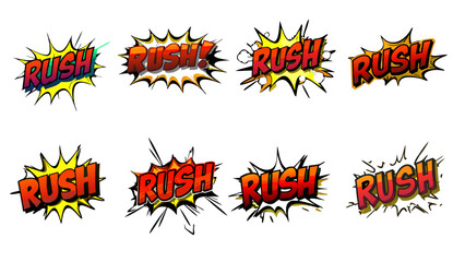 Colorful Comic Style Rush Text With Expressive Designs and Starbursts