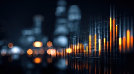 Glowing orange bar graphs rise against a dark, futuristic cityscape, symbolizing financial growth, analytics, and modern technology
