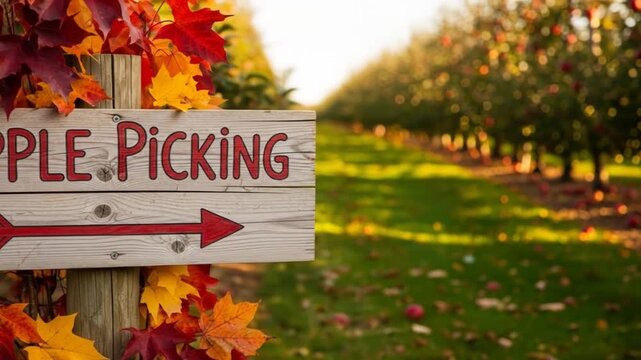 Apple Picking Season: Orchard View with Directional Sign and Autumn Foliage
