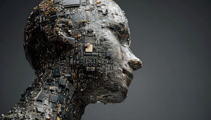 Profile of a digital human head, with circuit board texture