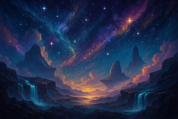Mystical Night Landscape with Starry Nebulae and Waterfalls