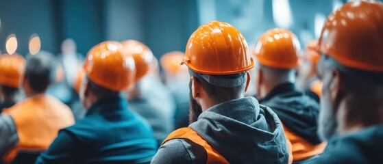 A group of construction workers in orange safety helmets attend a meeting or training session indoors