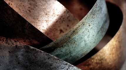 Abstract detail of layered rusty metal sculpture with textured patina