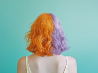 A person with short, wavy hair dyed half orange and half lavender stands against a turquoise background, facing away from the camera