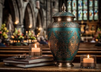 Teal urn on wooden pew, church setting