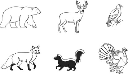 Wild forest animals vector illustration, bear deer fox skunk turkey eagle collection, wildlife silhouette and outline icons, nature design elements, woodland creature graphics