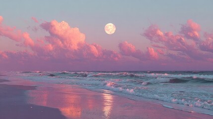 Pink moonlit beach scene