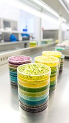 Colorful layered petri dishes in a lab setting