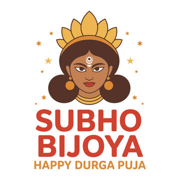 Subho bijoya happy durga puja illustration of goddess durga face with floral crown and text