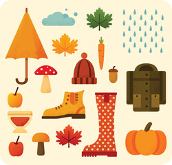 Autumn flat illustration set. Seasonal objects: umbrella, boots, backpack, pumpkin, leaves, mushrooms, hat, apple, carrot, acorn, raindrops. Cozy fall collection.