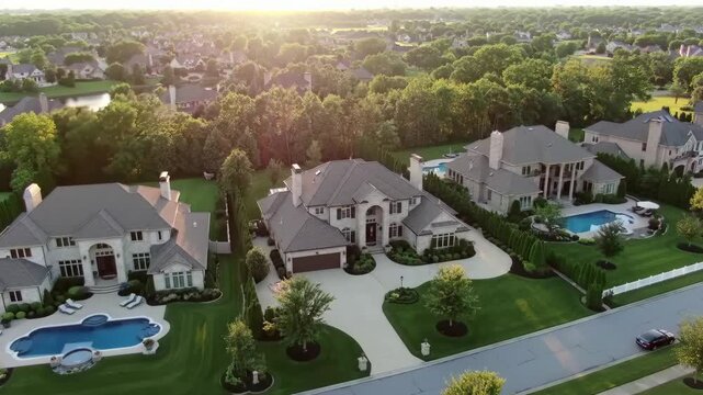 Luxury Homes Drone View of Upscale Neighborhood at Sunset