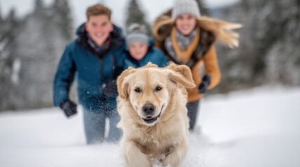 A golden retriever joyfully runs through snow with a happy family in the background enjoying a winter day outdoors