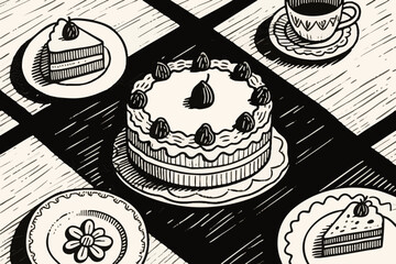 Retro and pop, simple cakes illustration set. Cute. Simple. Event. sweets. party. cream.