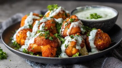 Fototapeta premium Crispy roasted cauliflower florets drizzled with creamy sauce and garnished with fresh herbs, served with a dipping sauce on the side