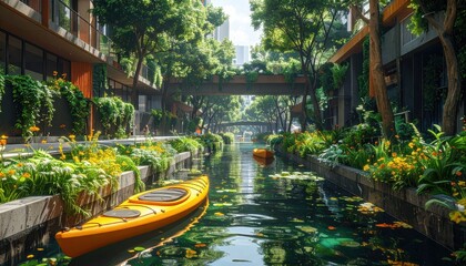A serene canal lined with lush greenery and modern architecture, a kayak floats peacefully in the tranquil waterway.