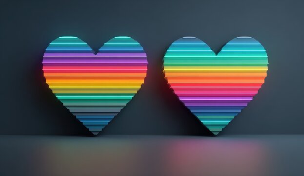 Two rainbow hearts, 3D rendered, on dark background - Powered by Adobe