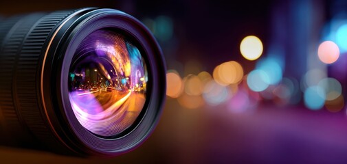 The camera lens capturing vibrant city lights at night.