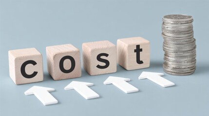 Wooden blocks spell out cost next to a stack of silver coins and arrows pointing upward, illustrating the concept of inflation and rising expenses in a clear manner