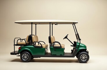 Fototapeta premium Green four-passenger golf cart with tan seats, white canopy. Electric vehicle offers comfortable ride for golf courses, resorts, property tours. Battery-powered design ensures eco-friendly