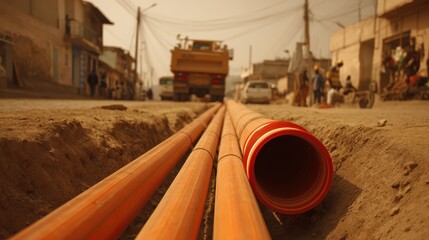Large orange pipes are being installed in a trench on a city street, with construction vehicles and workers in the background