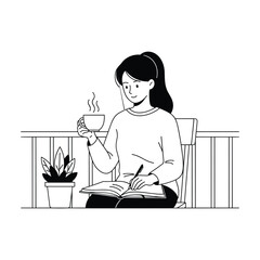 Woman writing in journal, balcony setting, line art, peaceful mood.