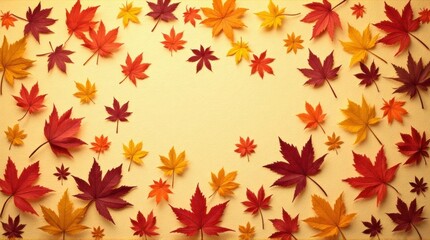 Fototapeta premium Autumn Maple Leaves Arrangement on Pale Yellow Background for Seasonal Decoration
